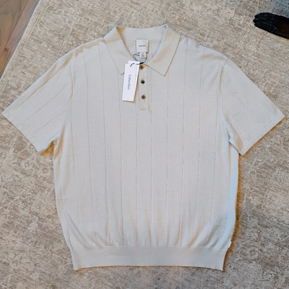 NWT XL Calvin Klein Cream Lightweight Knit Vertical Tone-on-tone Striped Polo